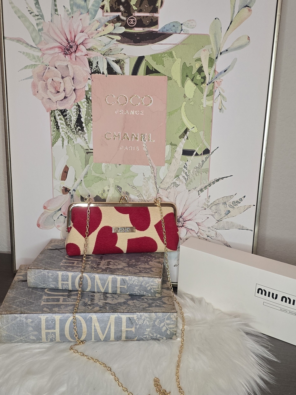 Gift With Purchase Miu Miu Cream and Red Heart Chain Clutch